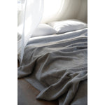 Gray blanket draped over a bed with white pillows in a softly lit room.