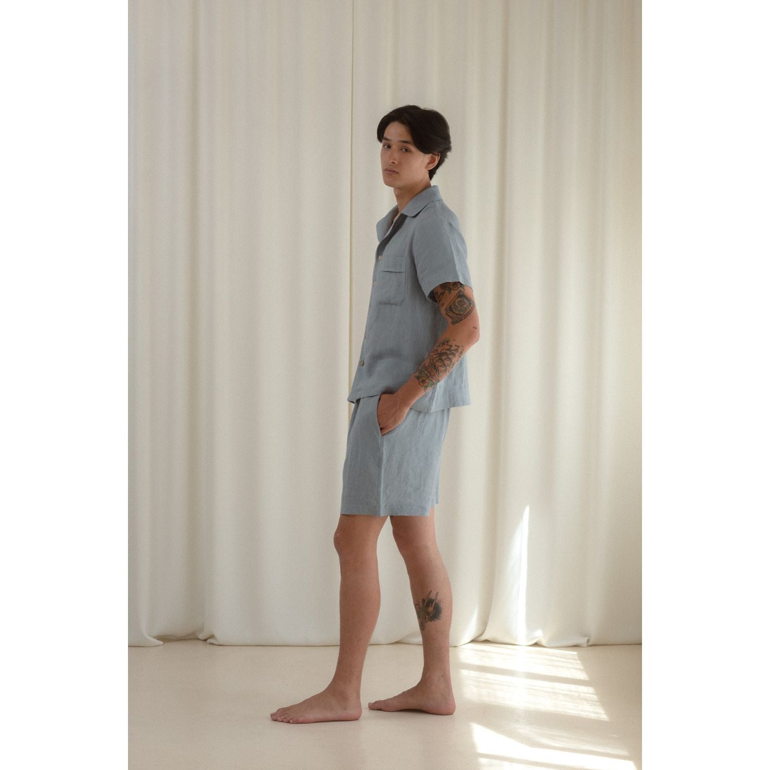 Sömn Premium Linen Short-Sleeve Shirt | Sömn Home #color_lake_blue