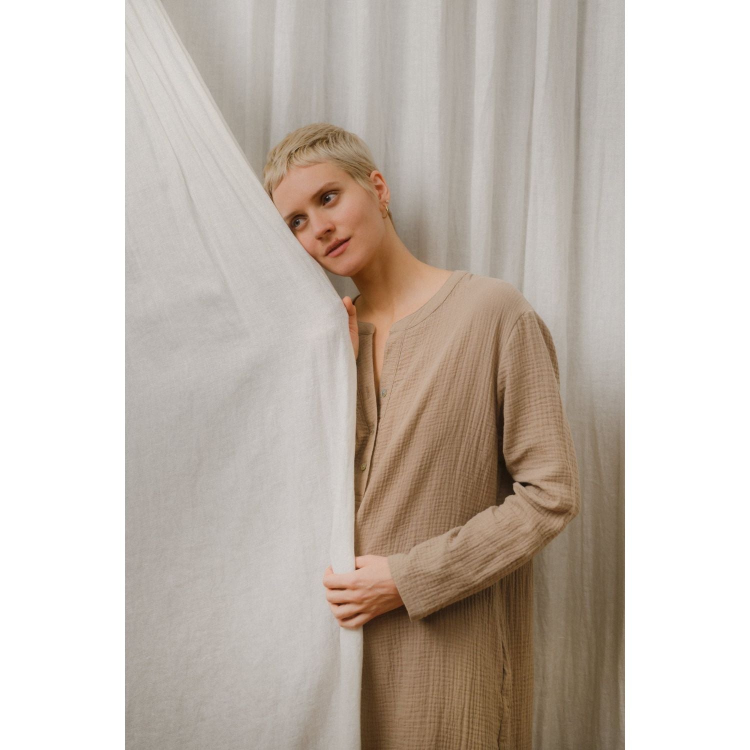 Sömn Premium Organic Gauze Cotton Long Nightshirt | Loungewear Sömn Home #color_chai
